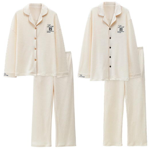 【韩式情侣款 卡通可爱超舒适！】秋冬季情侣睡衣开衫华夫格透气纯棉长袖休闲家居服男士女士春秋季 商品图6