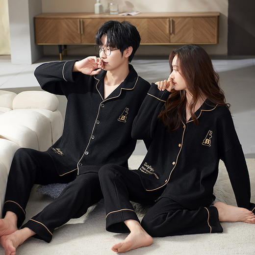 【韩式情侣款 卡通可爱超舒适！】秋冬季情侣睡衣开衫华夫格透气纯棉长袖休闲家居服男士女士春秋季 商品图2