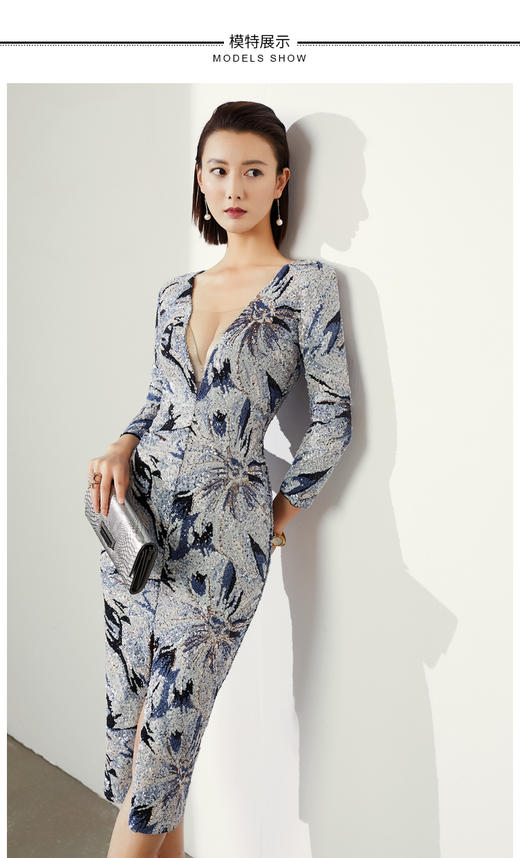 礼服 连衣裙-J4190A 珠片装新款通勤修身女士气质时尚包臀连衣裙颈袖添香 商品图1