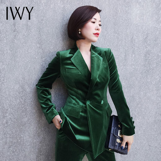 IWY/高端墨绿色丝绒西装套装女气质时尚双排扣职业装工作服OL 194109C1+P1 商品图3