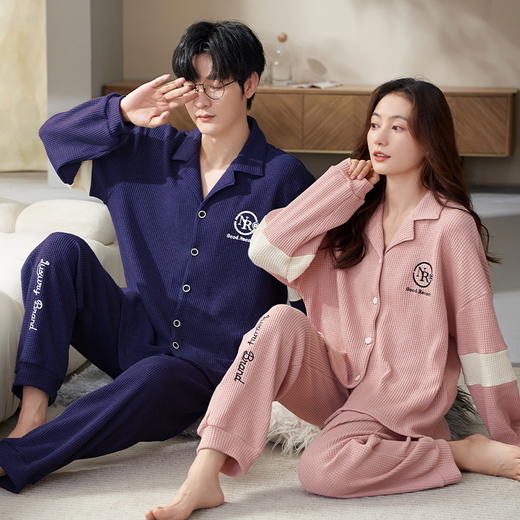 【韩式情侣款 卡通可爱超舒适！】秋冬季情侣睡衣开衫华夫格透气纯棉长袖休闲家居服男士女士春秋季 商品图4