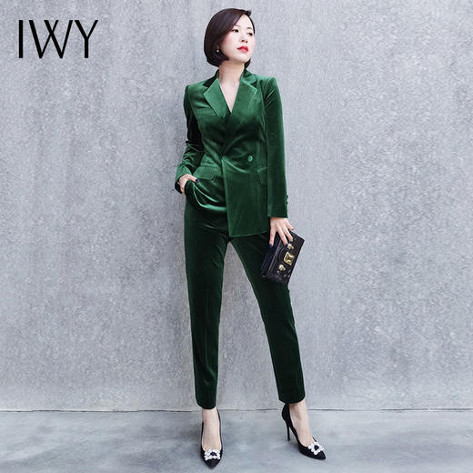 IWY/高端墨绿色丝绒西装套装女气质时尚双排扣职业装工作服OL 194109C1+P1 商品图1