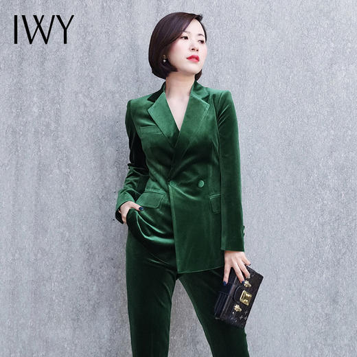IWY/高端墨绿色丝绒西装套装女气质时尚双排扣职业装工作服OL 194109C1+P1 商品图6