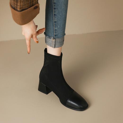 ZHR中跟短靴女2022秋冬新款韩版方头粗跟女靴百搭加绒保暖瘦瘦靴 商品图3