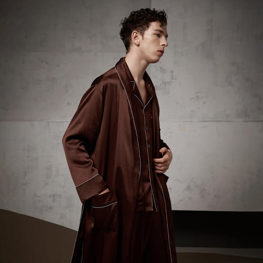 Solo seta22姆米真丝睡袍男长袖中长款桑蚕丝丝绸家居服素色 商品图1