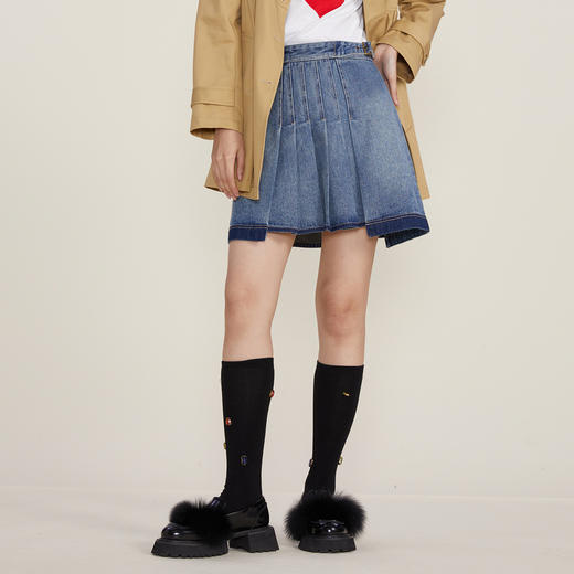 谜底2022冬季新款牛仔半身裙短裙压褶设计感A型短裙女224MB1614 商品图0