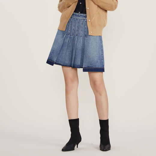 谜底2022冬季新款牛仔半身裙短裙压褶设计感A型短裙女224MB1614 商品图3