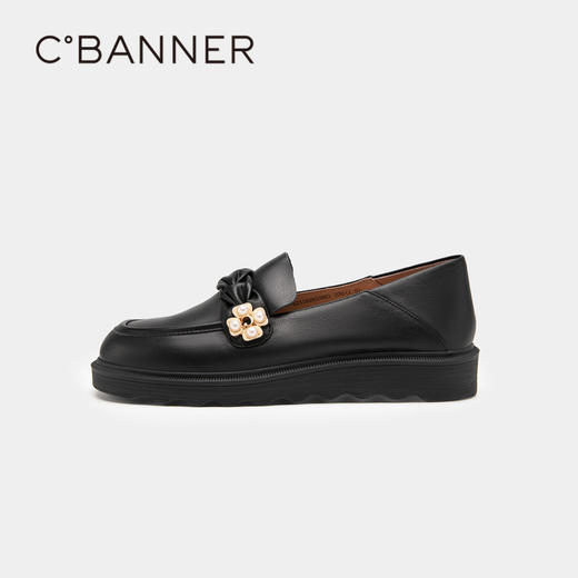 千百度女鞋春秋珍珠扣饰乐福鞋豆豆鞋平底小皮鞋通勤舒适 A23182823 商品图2