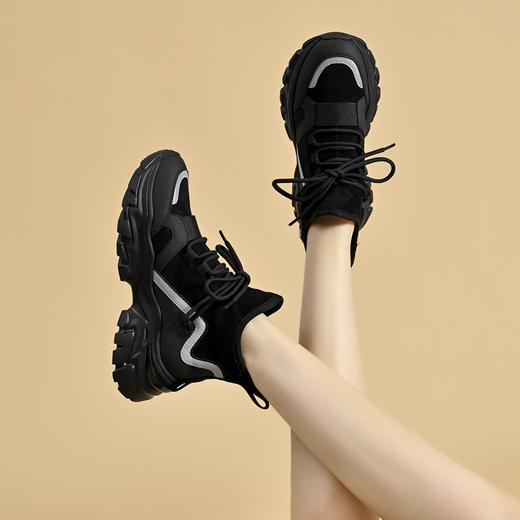 ZHR黑色老爹鞋女2022冬新款加绒保暖百搭炸街厚底高帮休闲运动鞋 商品图1