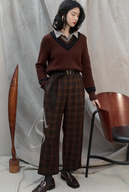 Margaret Howell  烟草棕格纹dormeuil双褶直筒裤 商品图0