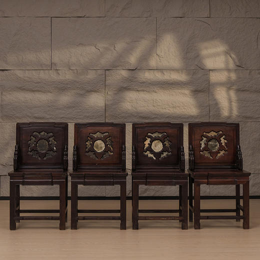 清 红木嵌云石背屏椅成堂（一堂四只） 商品图0