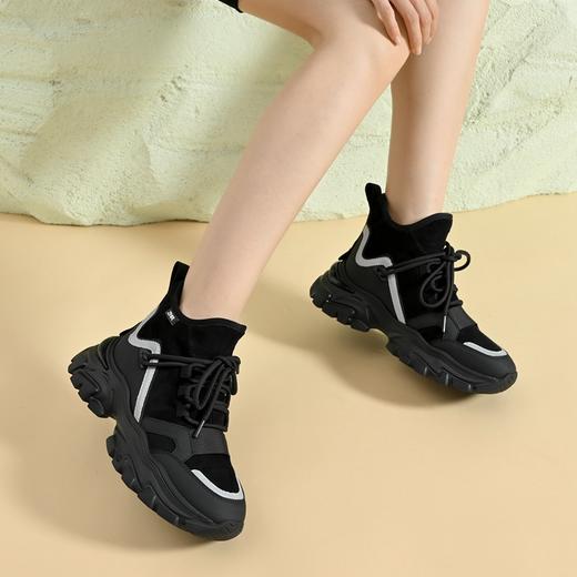 ZHR黑色老爹鞋女2022冬新款加绒保暖百搭炸街厚底高帮休闲运动鞋 商品图2