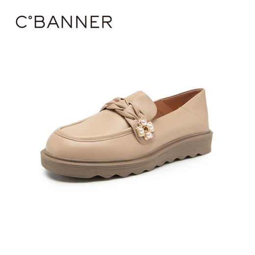 千百度女鞋春秋珍珠扣饰乐福鞋豆豆鞋平底小皮鞋通勤舒适 A23182823 商品图1