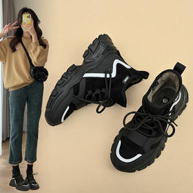 ZHR黑色老爹鞋女2022冬新款加绒保暖百搭炸街厚底高帮休闲运动鞋