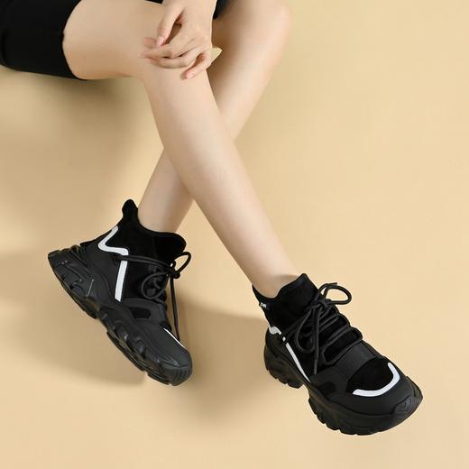 ZHR黑色老爹鞋女2022冬新款加绒保暖百搭炸街厚底高帮休闲运动鞋 商品图3