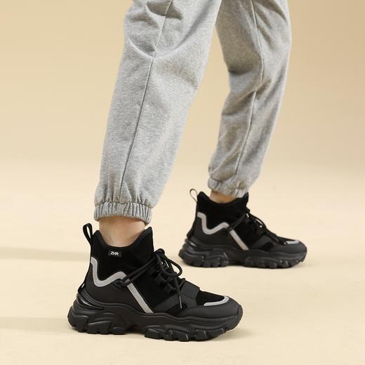 ZHR黑色老爹鞋女2022冬新款加绒保暖百搭炸街厚底高帮休闲运动鞋 商品图8