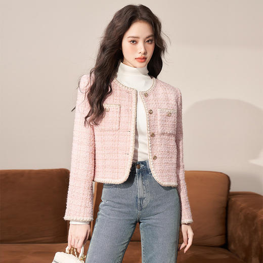 西遇粉色小香风外套女新款法式名媛风气质短款开衫上衣11721384 商品图0