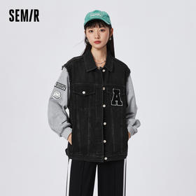 森马牛仔外套女拼接假两件字母刺绣春季潮酷帅气宽松毛边夹克街头