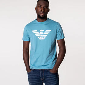 EMPORIO ARMANI 阿玛尼 男士棉质徽标印花圆领短袖T恤 浅蓝色 8N1TN5 1JPZZ 0783