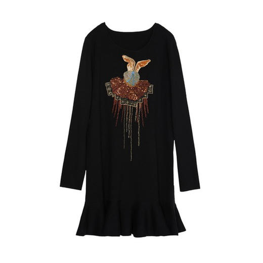 谜底中长款针织衫2022冬新款复古趣味绣花荷叶边连衣裙224MZ1932 商品图4