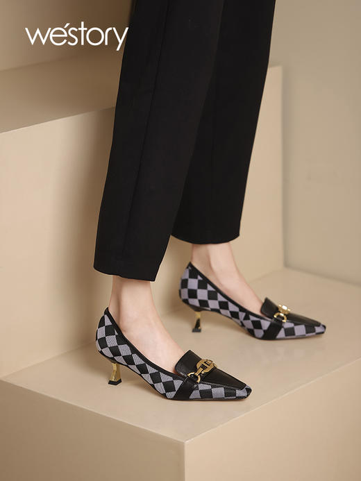 westory拼接质感棋盘格细高跟鞋2022春季新款方头拼色单鞋S22AE54031 商品图0