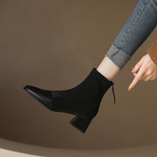 ZHR中跟短靴女2022秋冬新款韩版方头粗跟女靴百搭加绒保暖瘦瘦靴 商品图5