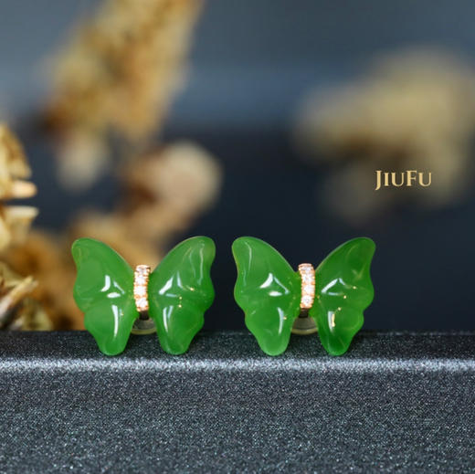18K玫瑰金和田玉（碧玉）镶钻耳饰--翠蝶 /蝶10*12*4mm/总长37mm/苹果绿 商品图4
