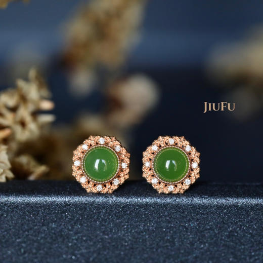 18K玫瑰金和田玉（碧玉）镶钻耳钉--锦欣 /半珠直径4.5mm/苹果绿 商品图0