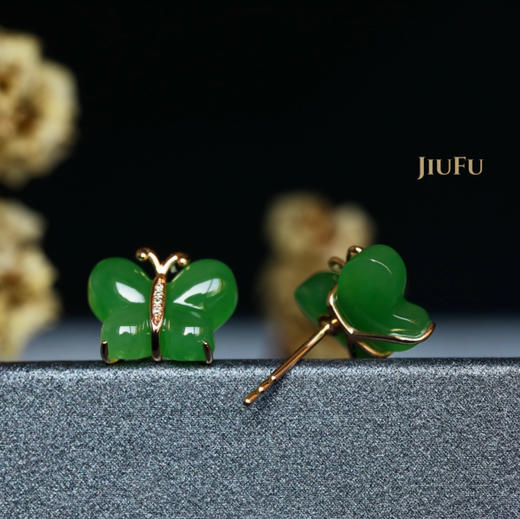 18K玫瑰金和田玉（碧玉）镶钻耳钉--翠蝶/蝶10*12mm/苹果绿 商品图1