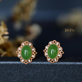 18K玫瑰金和田玉（碧玉）镶钻耳钉--芳菲 /苹果绿