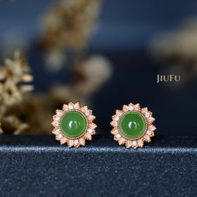 18K玫瑰金和田玉（碧玉）镶钻耳钉--向日葵 /半珠直径5mm/苹果绿