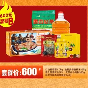 【600元套餐B】竹山粉葛面2.0kg+金鲜美香谷粘米15kg+粤众佳源花生油5L+天然岳小青柑500g+林中宝黑木耳红袋装240g