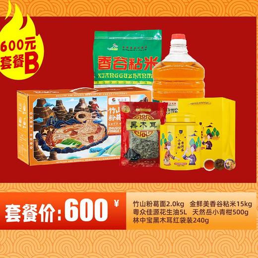 【600元套餐B】竹山粉葛面2.0kg+金鲜美香谷粘米15kg+粤众佳源花生油5L+天然岳小青柑500g+林中宝黑木耳红袋装240g 商品图0