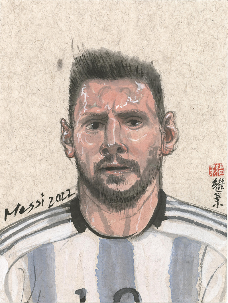 薛继业水墨连框高精版画梅西C罗世界杯足球2022