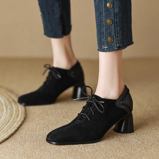 OLD 6229aa深口高跟鞋粗跟翻皮单鞋乐福鞋方头系带 商品图0