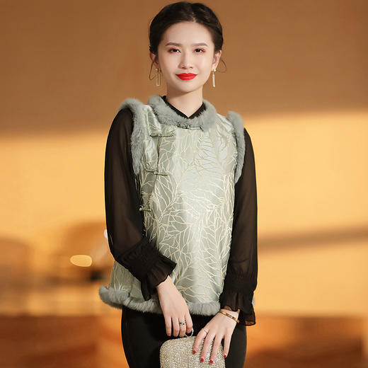 AYK-QF-200805提花粉兰叶骨夹棉无袖马甲女拼接毛边立领唐装上衣冬国潮女装 商品图2