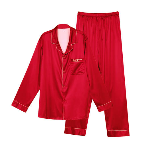 都市丽人男士丝质系列哑光弹力色丁长款薄家居服睡衣套装新年本命年红品FH31F9 商品图3