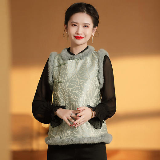 AYK-QF-200805提花粉兰叶骨夹棉无袖马甲女拼接毛边立领唐装上衣冬国潮女装 商品图0