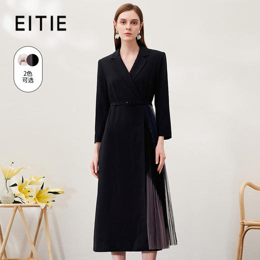 EITIE爱特爱春季新款气质时尚西装翻领收腰A字百褶拼接连衣裙6907614 商品图1