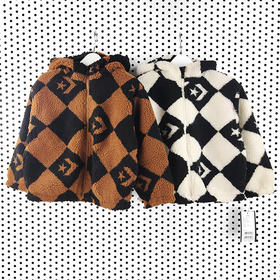 Converse匡威童衣童衣冬黑白拼色棋盘格颗粒绒连帽外套针织夹克 CV2242042