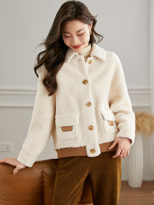 【年货节】熙世界羊羔毛绒外套女秋冬新款高级感撞色翻领毛茸茸保暖上衣 商品图2