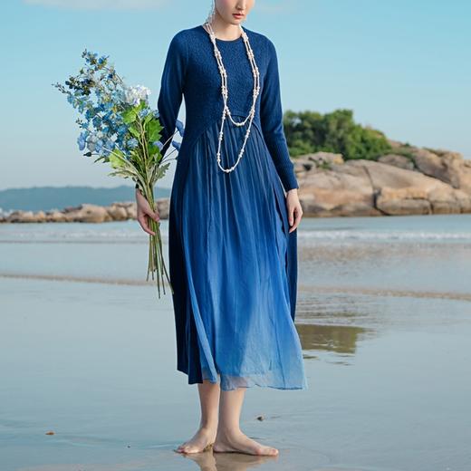 【林栖设计小店】（现货）绵羊毛拼真丝保暖舒适气质休闲渐变毛织连衣裙1924295 商品图0