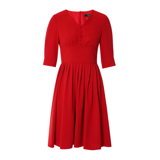 EITIE爱特爱春新款复古V领高腰时尚显瘦百褶泡泡袖红色连衣裙A2307101 商品图4