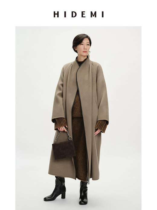 HIDEMI 美利奴羊毛包皮边不对称设计感廓形长款大衣 商品图1