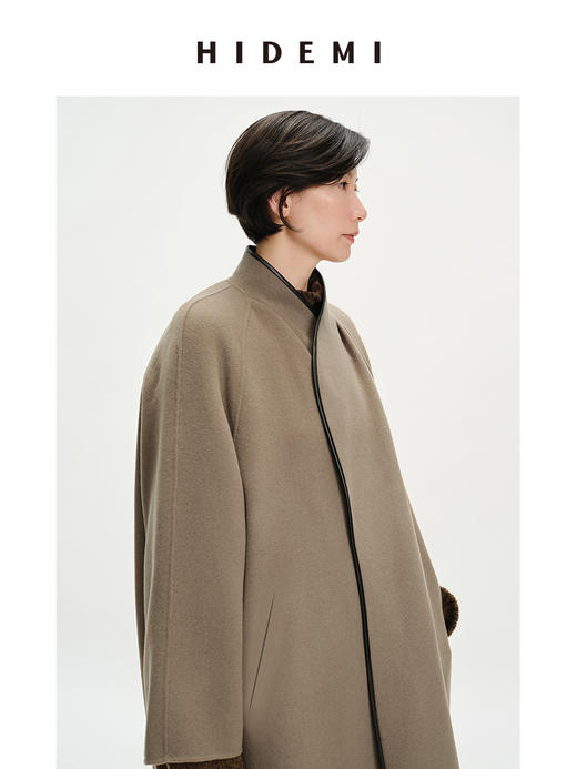 HIDEMI 美利奴羊毛包皮边不对称设计感廓形长款大衣 商品图5