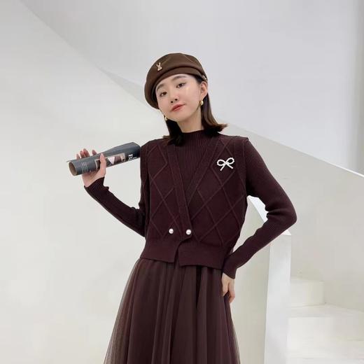 韩版纯色拼接网纱保暖2件套针织连衣裙 商品图1