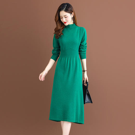纯羊毛针织冬季内搭，半高领收腰纯色毛衣裙CC-68-1006 商品图0