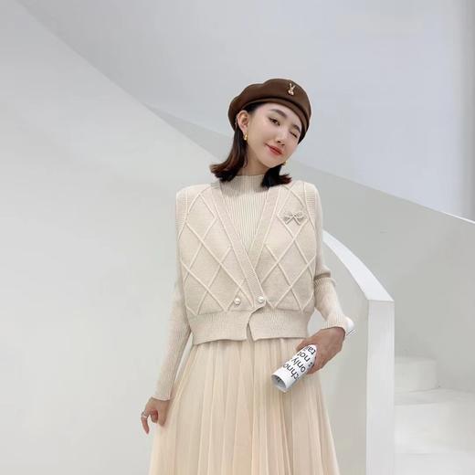 韩版纯色拼接网纱保暖2件套针织连衣裙 商品图0