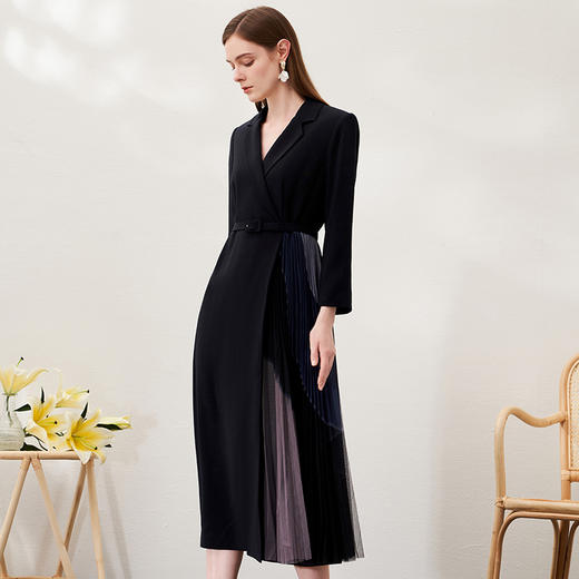 EITIE爱特爱春季新款气质时尚西装翻领收腰A字百褶拼接连衣裙6907614 商品图7