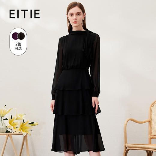 EITIE爱特爱春季新款气质立领灯笼袖垂坠时尚蛋糕连衣裙A2307107 商品图0